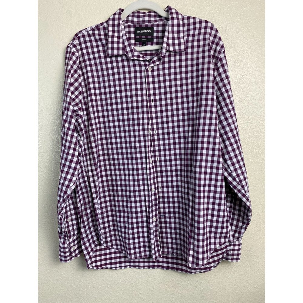 BONOBOS Slim Fit Long Sleeve Button Down Shirt Mens XL Gingham Plaid Purple